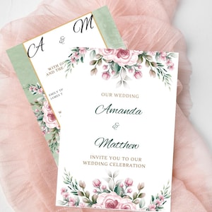 May include: A wedding invitation with a floral design featuring pink roses and green leaves. The invitation reads "Our Wedding Amanda & Matthew Invite You To Our Wedding Celebration."
