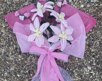 Pipe Cleaner Pink Flower Bouquet: Lily, Daisy, Eucalyptus, Small Bouquet