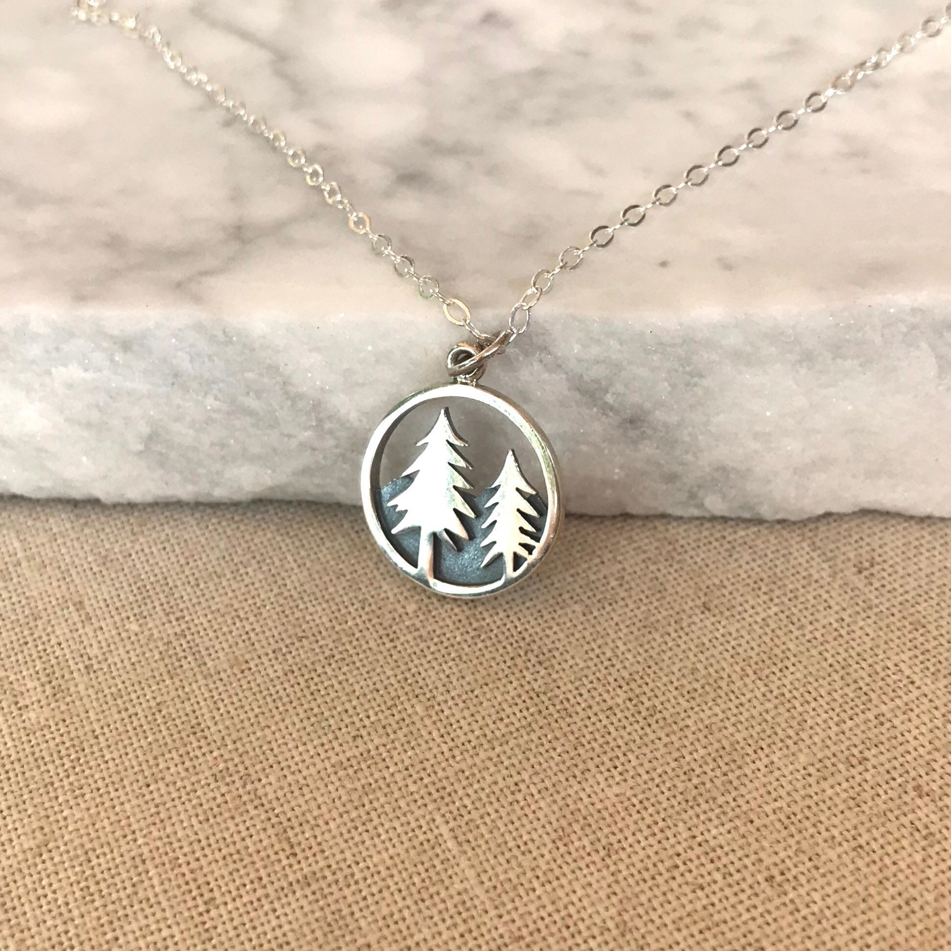 Pine Trees and Mountains Necklace Bright and Oxidized | Etsy