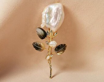 Baroque Pearl Rose Brooch | Freshwater Pearls & Shell Leaves | Artistic Floral Pin
