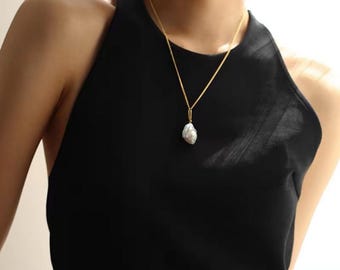 Baroque Pearl Pendant Necklace: 14K Gold Plated Chain, Fish Tail Pearl