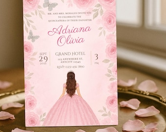 Pink Floral Quinceanera Invitation: Butterfly Mis Quince Anos (Digital Download)