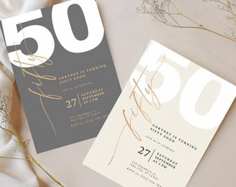Elegant 50th Birthday Invitation Template: Minimalist Design In Two Colors, Editable in Canva