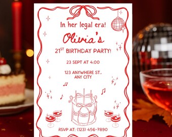 Coquette 21st Birthday Invitation: Hand-Drawn Bow, Red Cocktail Party (Digital Download)