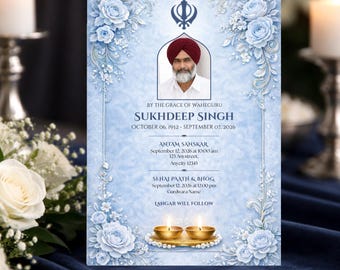 Sikh Blue Floral Funeral Invitation, Indian Punjabi Memorial Card, Antim Ardas Bhog Card