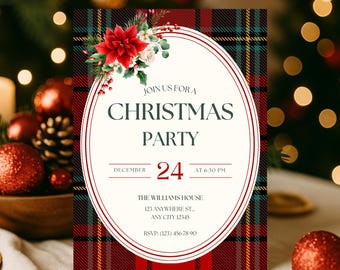 Ralph Lauren Christmas Party Invitation, Vintage Holiday Invite, Red Green Plaid Invitation