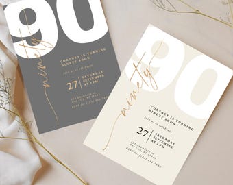 Elegant 90th Birthday Invitation Template: Minimalist Design In Two Colors, Editable in Canva