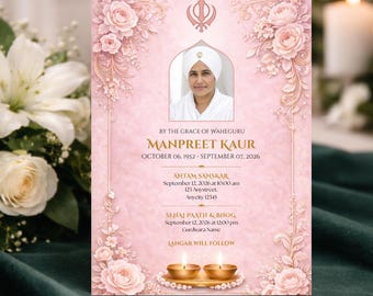 Pink Sikh Funeral Invitation, Indian Punjabi Memorial Card, Antim Ardas Bhog Card