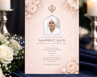 Sikh Pink Funeral Invitation, Indian Punjabi Memorial Card, Antim Ardas Bhog Card