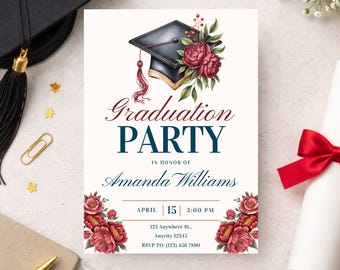 Elegant Floral Graduation Invitation Template:  Red Watercolor Flowers Grad Invite (Digital Download)
