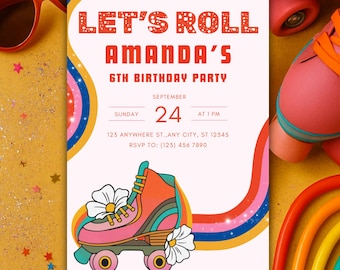 以下が含まれることがあります： 「LET'S ROLL AMANDA'S 6TH BIRTHDAY PARTY」のテキストが入った誕生日パーティーの招待状。 ローラーブレードのイラスト、虹、9月24日の日付が特徴です。 赤いサングラスとローラーブレードが背景にあります。