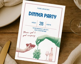 Retro Dinner Party Invitation Template: Editable Online (5x7" Digital Download)