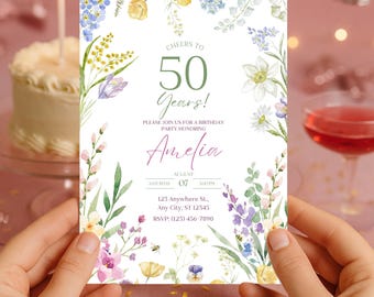 Wildflower 50th Birthday Invitation Template, Floral Elegant Fifty Birthday Invite