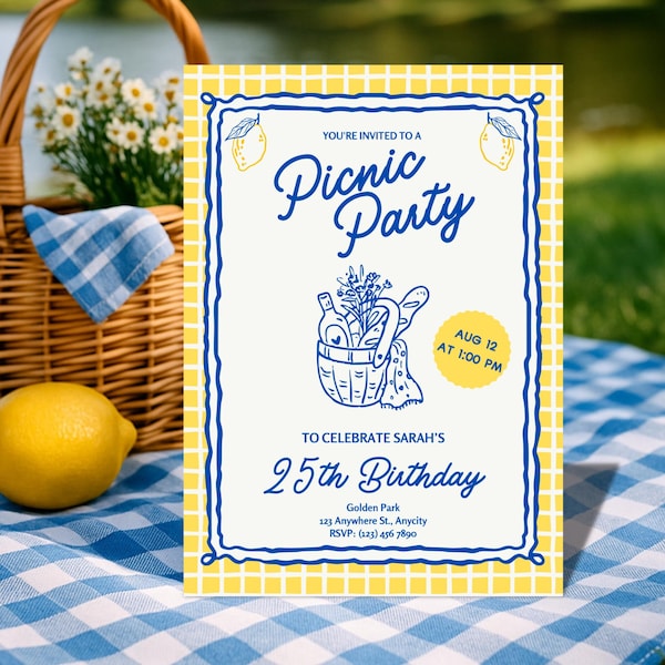 Summer Picnic Invitation: Yellow Gingham Lemons Editable Digital Party Invite