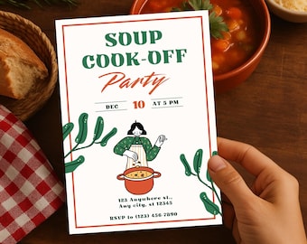 Soup Cookoff Invitation, Potluck Party Invite, Friends Dinner Editable Template
