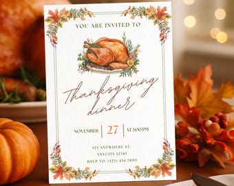 Thanksgiving Dinner Invitation: Elegant Turkey Party, Editable Template (Digital Download)