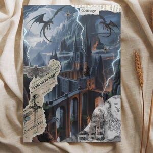 May include: Fantasy art print featuring a castle scene with dragons, lightning, and the text "I will not die today." The artwork has a dark, dramatic color palette with a torn paper effect, evoking a sense of adventure and fantasy.