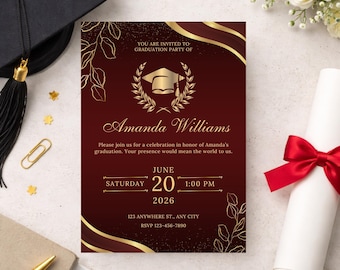 Elegant Graduation Invitation Template:  Red Gold Grad Invite (Digital Download)
