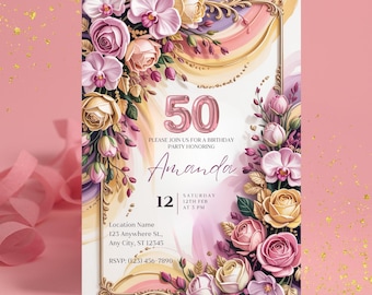 Elegant Floral 50th Birthday Invitation Template, Luxury Pink Roses Fifty Birthday Invite