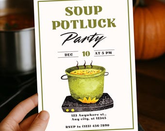 Soup Potluck Invitation, Soup Party Invite, Friends Dinner Editable Template