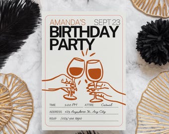 Cheers Birthday Invitation: Wine Dinner, Brunch Party (Editable Canva Template, Digital Download)