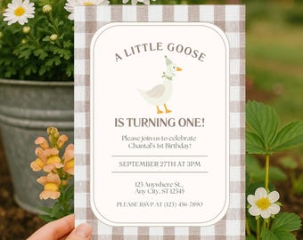 Silly Goose Birthday Invitation: Gingham Party, Any Age, First Birthday (Digital Download 5x7" Template)