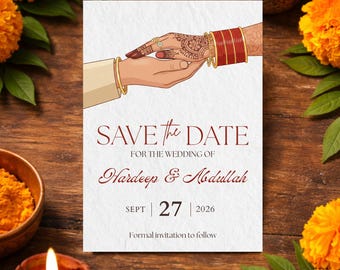 Modern Indian Save the Date Card, Mehndi Hands Wedding Template, Traditional Punjabi Shaadi Invitation