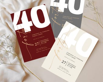 Elegant 40th Birthday Invitation Template: Minimalist Design In Three Colors, Editable in Canva