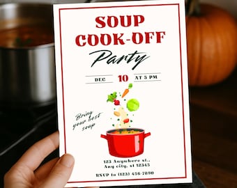 Soup Cookoff Invitation, Potluck Party Invite, Friends Soup Dinner Editable Canva Template