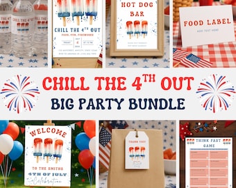 Può includere: Una collezione di forniture per feste patriottiche, tra cui inviti, cartelli ed etichette alimentari. Il tema è "Chill the 4th Out" con grafica di ghiaccioli rossi, bianchi e blu, perfetto per una festa del 4 luglio.