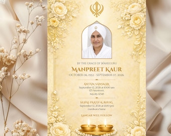 Sikh Funeral Invitation, Yellow Indian Punjabi Memorial Card, Antim Ardas Bhog Card