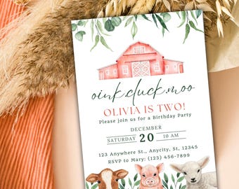 Pink Farm Birthday Invitation: Barnyard Animals (Digital Download)