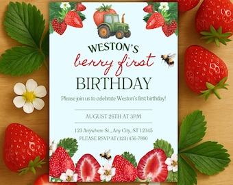 Tractor Berry First Birthday Invitation (Digital Download)