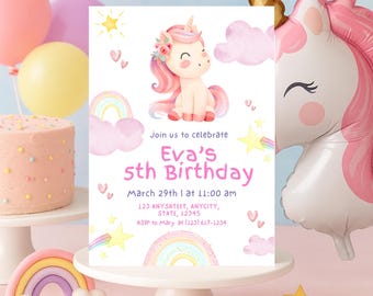 May include: A birthday party invitation featuring a watercolor unicorn illustration. The invitation reads "Eva's 5th Birthday" with event details. Pink, yellow, and purple balloons and a cake are in the background. A unicorn-shaped balloon is on the right.