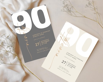 Printed Elegant 90th Birthday Invitation: Minimalist Ninety Birthday Design In Two Colors