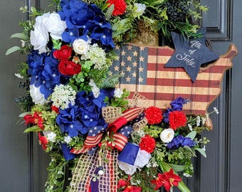 Patriotic Wreath, USA MAP Wreath, Red White Blue Door Hanger, Americana Decor