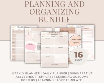 May include: A bundle of printable planning and organizing pages with the text "EYLF PLANNING AND ORGANIZING BUNDLE". The pages include a weekly planner, daily planner, and learning outcome templates. The bundle has 16 pages and is an instant download.