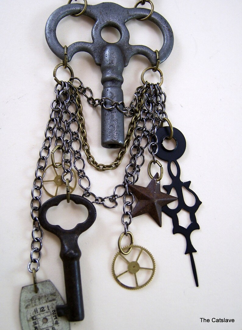 Clock Key Necklace with Gears and Charms Handmade in the USA Etsy