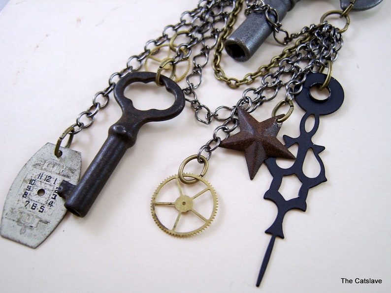 Clock Key Necklace with Gears and Charms Handmade in the USA Etsy
