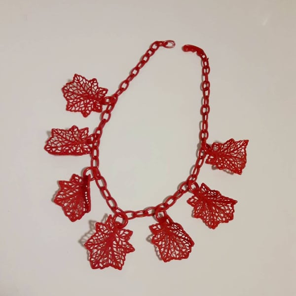 Red Celluloid necklace, lightweight leaf design, vintage early 20th century jewelry