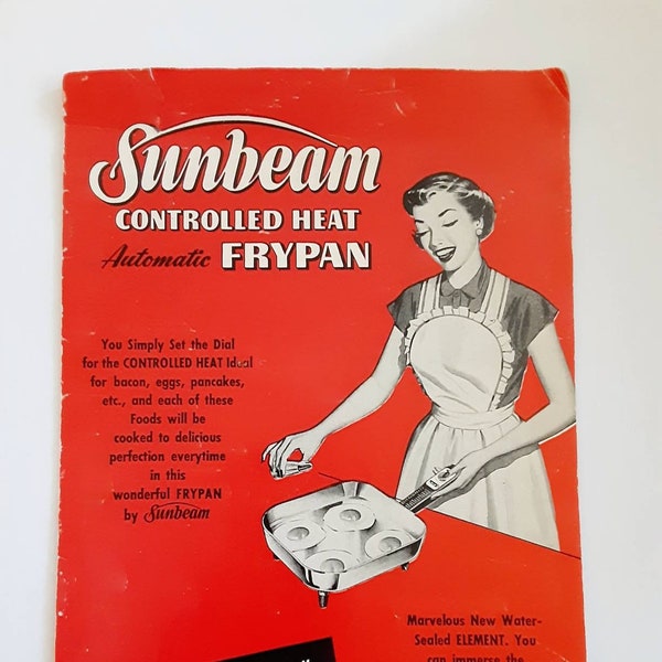 Sunbeam Frypan instructions, vintage midcentury kitchen appliance manual, retro home decor