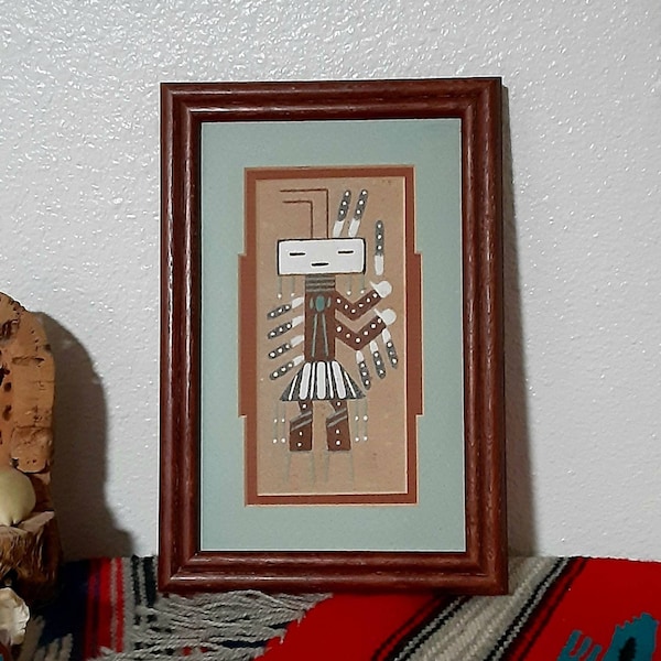 Vintage Navajo signed sand painting, traditional symbolic art, southwestern home decor