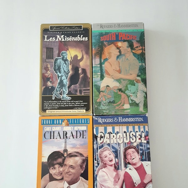 4 Classic VHS movies, Carousel/ South Pacific/ Charade/ Les Miserables, heirloom home life gifts, famous film musicals