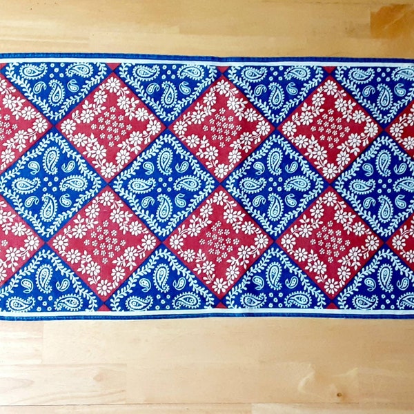 Vintage table topper dresser scarf, rustic floral paisley, red white blue pattern, heirloom home gift