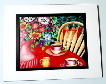 May include: A painting of a red table with two cups of coffee, a vase of colorful flowers, and a wicker chair. The background is a dark green.