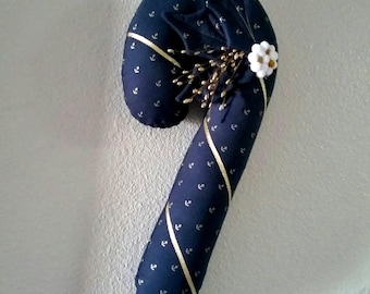 Sailing fabric candy cane wall hanging, Christmas decoration gift, deep navy blue ocean color & anchors, handcrafted gift