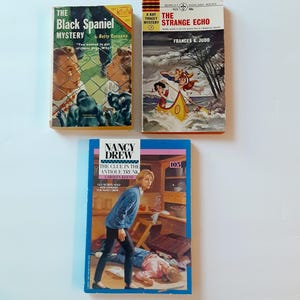 May include: Three vintage paperback mystery books including The Black Spaniel Mystery by Betty Cavanna, The Strange Echo by Frances K. Judd, and Nancy Drew: The Clue in the Antique Trunk by Carolyn Keene, each featuring illustrated covers.