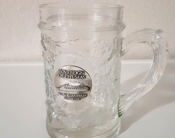 Royal Caribbean Sovereign of the Seas barware, vintage clear glass beer mug, 1990s travel souvenir