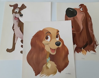May include: Three illustrations of dogs from the Disney movie Lady and the Tramp. The first illustration is of a brown and white dog named Tramp. The second illustration is of a brown and white dog named Lady. The third illustration is of a brown and white dog named Trusty.