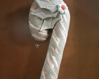 Hippopotamus wall or door decoration, 20" fabric candy cane shape, rustic holiday home decor, handcrafted gift